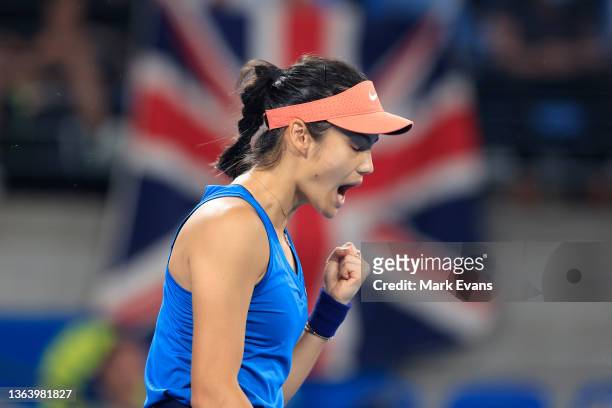 Emma Raducanu of Great Britain reacts in her match against Elena Rybakina of Kazakhstan during day three of the Sydney Tennis Classic at Sydney...