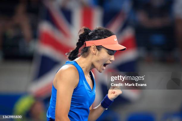 Emma Raducanu of Great Britain reacts in her match against Elena Rybakina of Kazakhstan during day three of the Sydney Tennis Classic at Sydney...