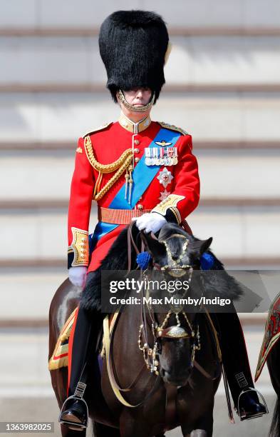 Prince Andrew, Duke of York rides on horseback as he takes part in Trooping The Colour, the Queen's annual birthday parade on June 9, 2018 in London,...