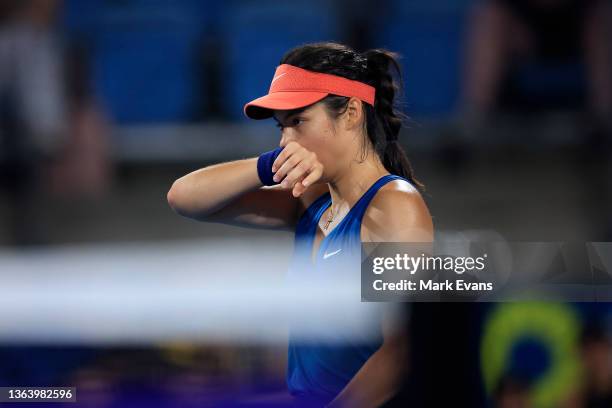 Emma Raducanu of Great Britain reacts in her match against Elena Rybakina of Kazakhstan during day three of the Sydney Tennis Classic at Sydney...