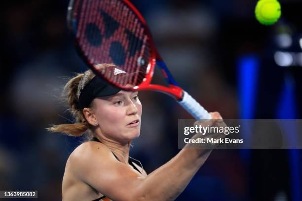 Elena Rybakina of Kazakhstan plays a shot in her match against Emma Raducanu of Great Britain during day three of the Sydney Tennis Classic at Sydney...