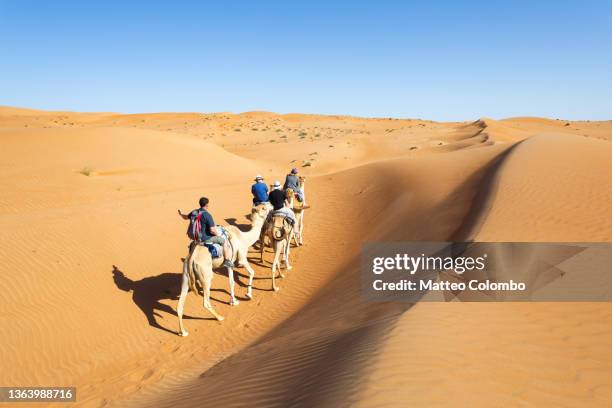 tourists riding dromedaries in the desert, wahiba sands, oman - middle east landscape stock pictures, royalty-free photos & images