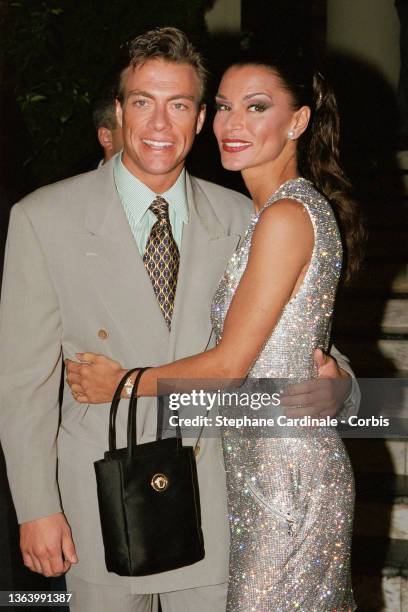 Jean-Claude Van Damme and Darcy LaPier attend the World Music Awards on May 7, 1996 in Monaco, Monaco.
