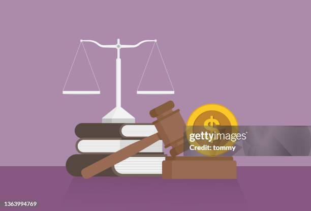 ilustrações de stock, clip art, desenhos animados e ícones de equal-arm balance, a book, a gavel, and a us dollar coin on a table - courthouse