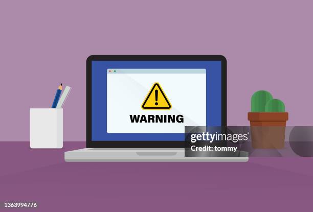 stockillustraties, clipart, cartoons en iconen met warning sign on a laptop - phishing