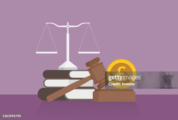 equal-arm balance, a book, a gavel, and a uk pound coin on a table - courthouse stock illustrations