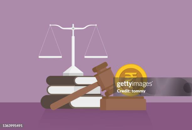 equal-arm balance, a book, a gavel, and a indian rupee coin on a table - indian crime law and justice stock illustrations