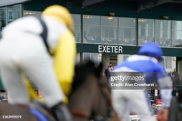 General view as runners pass the grandstand during The Exeter Stayers' Conditional Jockeys' Training Series Handicap Hurdle at Exeter Racecourse on...