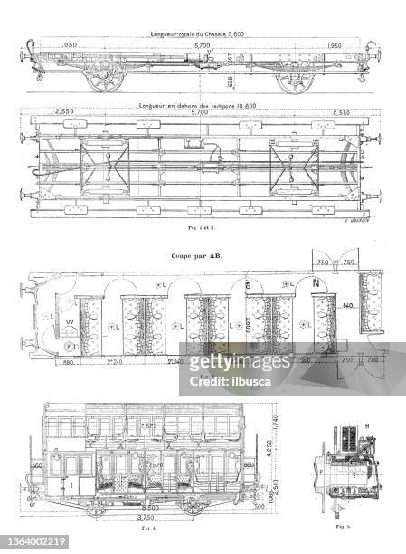 antique illustration: train wagon - blueprint stock illustrations