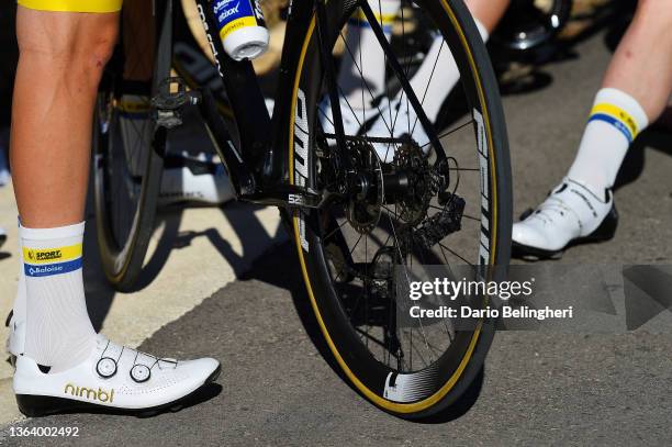 Wheel detail view of Eddy Merckx Team's Bike during a training at Team Sport Vlaanderen - Baloise 2022 - Training Camp on January 09, 2022 in Altea,...