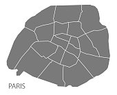Paris city map with districts grey illustration silhouette shape