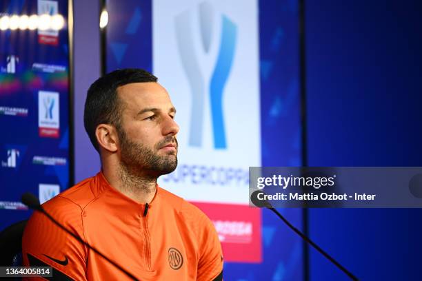 Samir Handanovic of FC Internazionale speaks with the media during the press conference to present the Italian SuperCup match between FC...