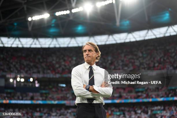 Italy manager Roberto Mancini during the UEFA Euro 2020 Championship Final between Italy and England at Wembley Stadium on July 11, 2021 in London,...