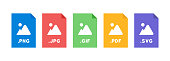 File format icon set. PNG, JPG, GIF, PDF, SVG file document icon. Vector on isolated background. EPS 10