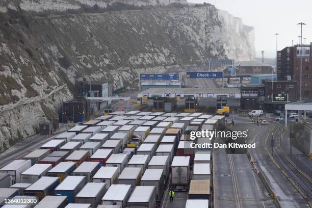 An officer from Kent Police looks at lorries queueing to enter Dover Port on January 11, 2022 in Dover, England. Traffic was delayed after police...