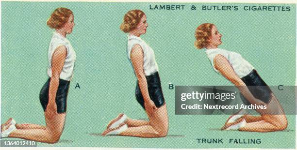 Collectible tobacco or cigarette card, 'Get Fit' series, published in 1937 by Lambert and Butler's Cigarettes, depicting a female athlete...