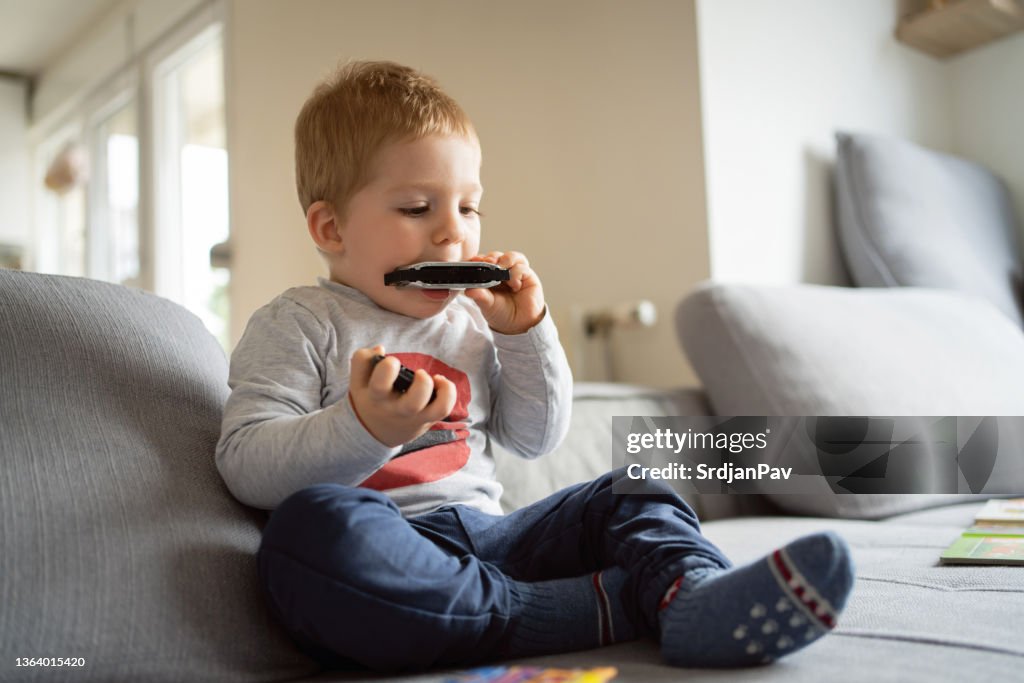 Curious toddler boy playing with a music instrument, harmonica