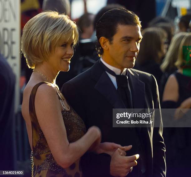Antonio Banderas and Melanie Griffith at Golden Globe Awards Show, January 19, 1997 in Beverly Hills, California.