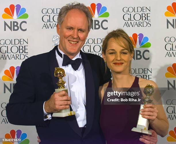 Winners John Lithgow and Helen Hunt backstage at Golden Globe Awards Show, January 19, 1997 in Beverly Hills, California.