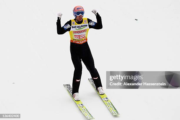 Andreas Kofler of Austria reacts after the final round of the FIS Ski Jumping World Cup event at the 60th Four Hills ski jumping tournament at...