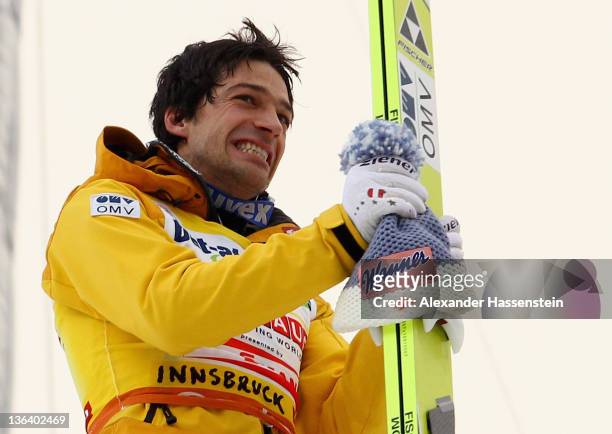 Andreas Kofler of Austria celebrates winning the FIS Ski Jumping World Cup event at the 60th Four Hills ski jumping tournament at Bergisel on January...