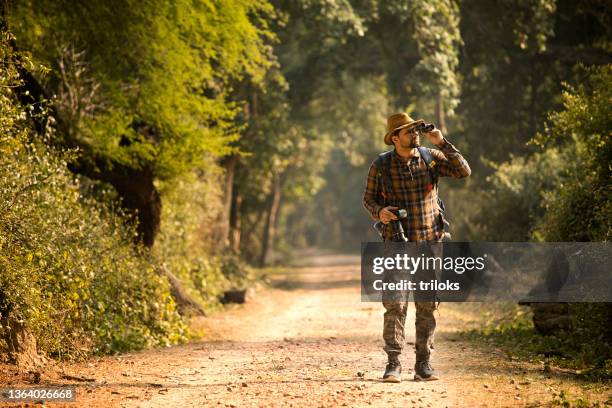 male hiker using binoculars in forest - bird watching stock pictures, royalty-free photos & images