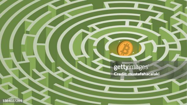 ilustraciones, imágenes clip art, dibujos animados e iconos de stock de bitcoin escondido en un laberinto circular 3d - criptomoneda