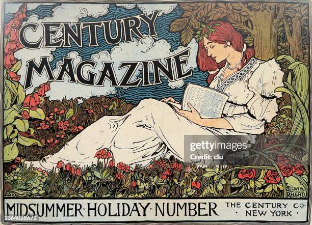 junge frau, die in blumen liegt und ein buch liest - jugendstil stock-grafiken, -clipart, -cartoons und -symbole