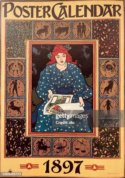 junge frau scrollt durch einen kalender - art nouveau stock-grafiken, -clipart, -cartoons und -symbole