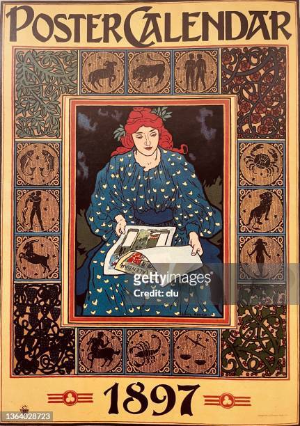 ilustrações, clipart, desenhos animados e ícones de jovem rola por um calendário - art nouveau