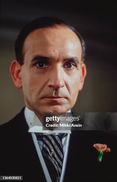 Close-up of English actor Ben Kingsley during the filming of 'Maurice' , London, England, December 1986.