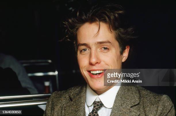Close-up of British actor Hugh Grant during the filming of 'Maurice' , London, England, December 1986.