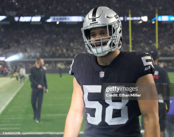 Linebacker Kyle Wilber of the Las Vegas Raiders walks off the field after the team's 35-32 overtime victory over the Los Angeles Chargers at...