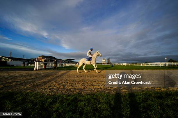 Micheal Nolan riding Bellamy's Grey leave the parade ring before winning The Get Daily Tips At racingtv.com Handicap Hurdle at Exeter Racecourse on...