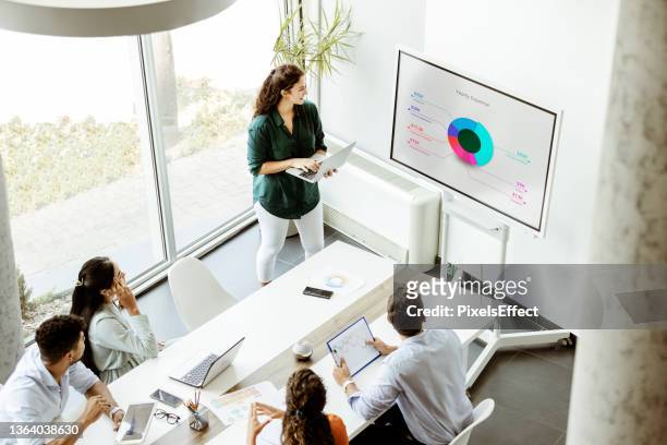 business meeting and presentation in modern conference room - build series presents jason silva discussing origins the journey of human stockfoto's en -beelden