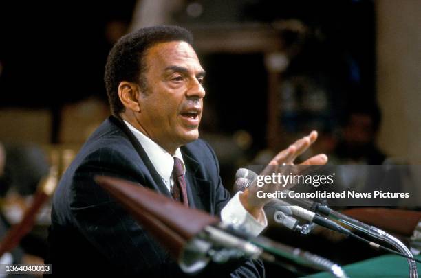 Atlanta Mayor Andrew Young testifies before the Senate Committee on the Judiciary, Washington DC, September 21, 1987. Young spoke during Judge Robert...