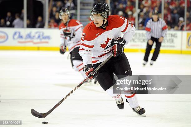 Mark Stone of Team Canada skates with the puck during the 2012 World Junior Hockey Championship game against Team Denmark at Rexall Place on December...