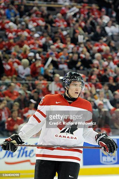 Mark Stone of Team Canada skates during the 2012 World Junior Hockey Championship game against Team Denmark at Rexall Place on December 29, 2011 in...