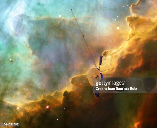 voyager probe travels through space, flies over the eagle nebula. elements of this photo furnished by nasa. 3d rendering. https://images.nasa.gov/ software:blender - exploratory spacecraft stock pictures, royalty-free photos & images