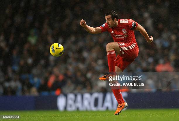 Liverpool's Spanish footballer Jose Enrique in action against Manchester City during their English Premier League football match in Manchester,...