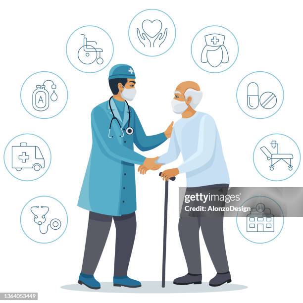 stockillustraties, clipart, cartoons en iconen met male doctor taking care of a senior man. - grandparent