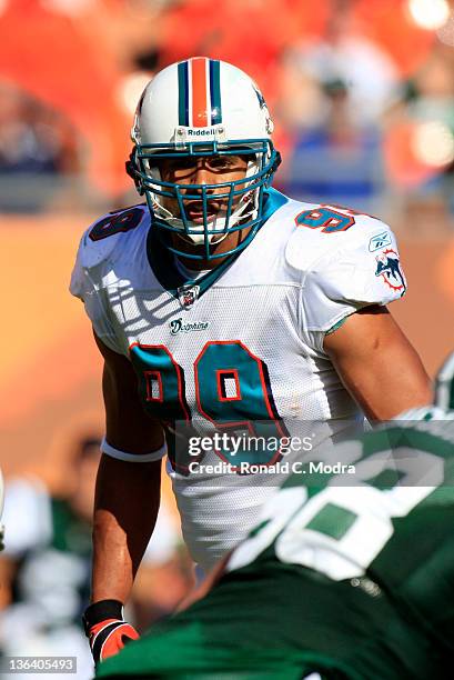 Linebacker Jason Taylor of the Miami Dolphins lines up during his last NFL game against the New York Jets at Sun Life Stadium on January 1, 2012 in...