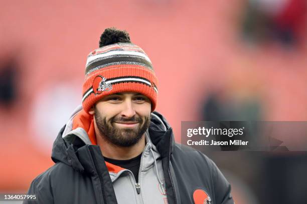 Baker Mayfield of the Cleveland Browns looks on during warm-ups before the game against the Cincinnati Bengals at FirstEnergy Stadium on January 09,...