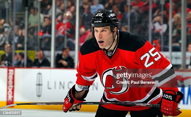 Cam Janssen of the New Jersey Devils waits during an NHL hockey game against the Pittsburgh Penguins at Prudential Center on December 31, 2011 in...