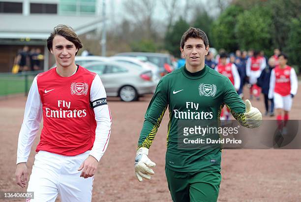 Ignasi Miquel and Emiliano Martinez of Arsenal during the Barclays Premier Reserve League match between Arsenal Reserves and Sunderland Reserves at...