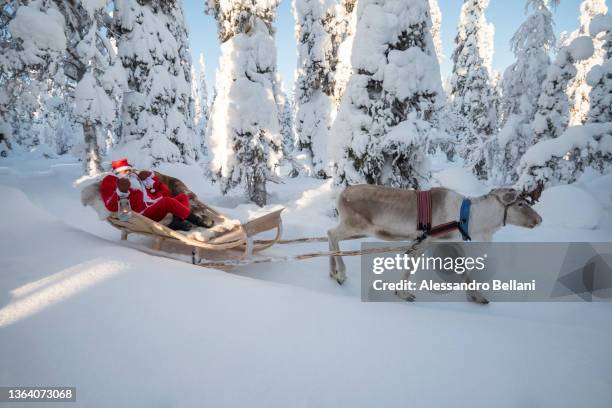 santa claus on reindeer sleigh in the snowy forest - laponie finlandaise photos et images de collection