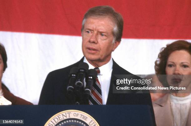 President Jimmy Carter concedes the 1980 Presidential election during a press conference at the Sheraton Washington Hotel, Washington DC, November 4,...