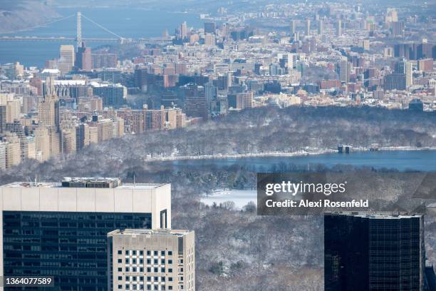 View of Central Park covered in snow as seen from Summit One Vanderbilt during the first snow storm of the season on January 7, 2022 in New York...