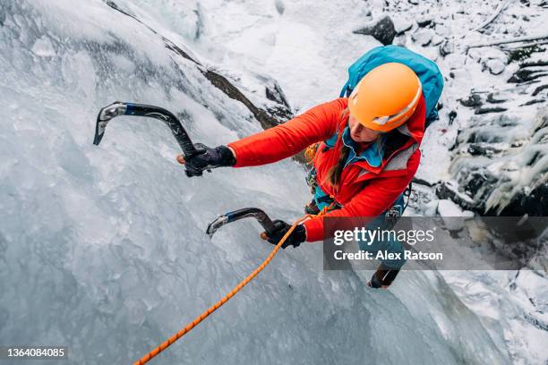 a female ice climber swings her ice axe into the ice while high above the ground - eisklettern stock-fotos und bilder