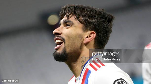 Lucas Paqueta of Lyon celebrates his goal during the Ligue 1 Uber Eats match between Olympique Lyonnais and Paris Saint Germain at Groupama Stadium...